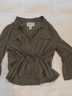 American Rag Olive Green Jacket Blouse, Zip-up With Draw String & Flare Arms XXL